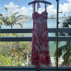 Vintage mermaid asymmetrical pink floral halter maxi midi dress